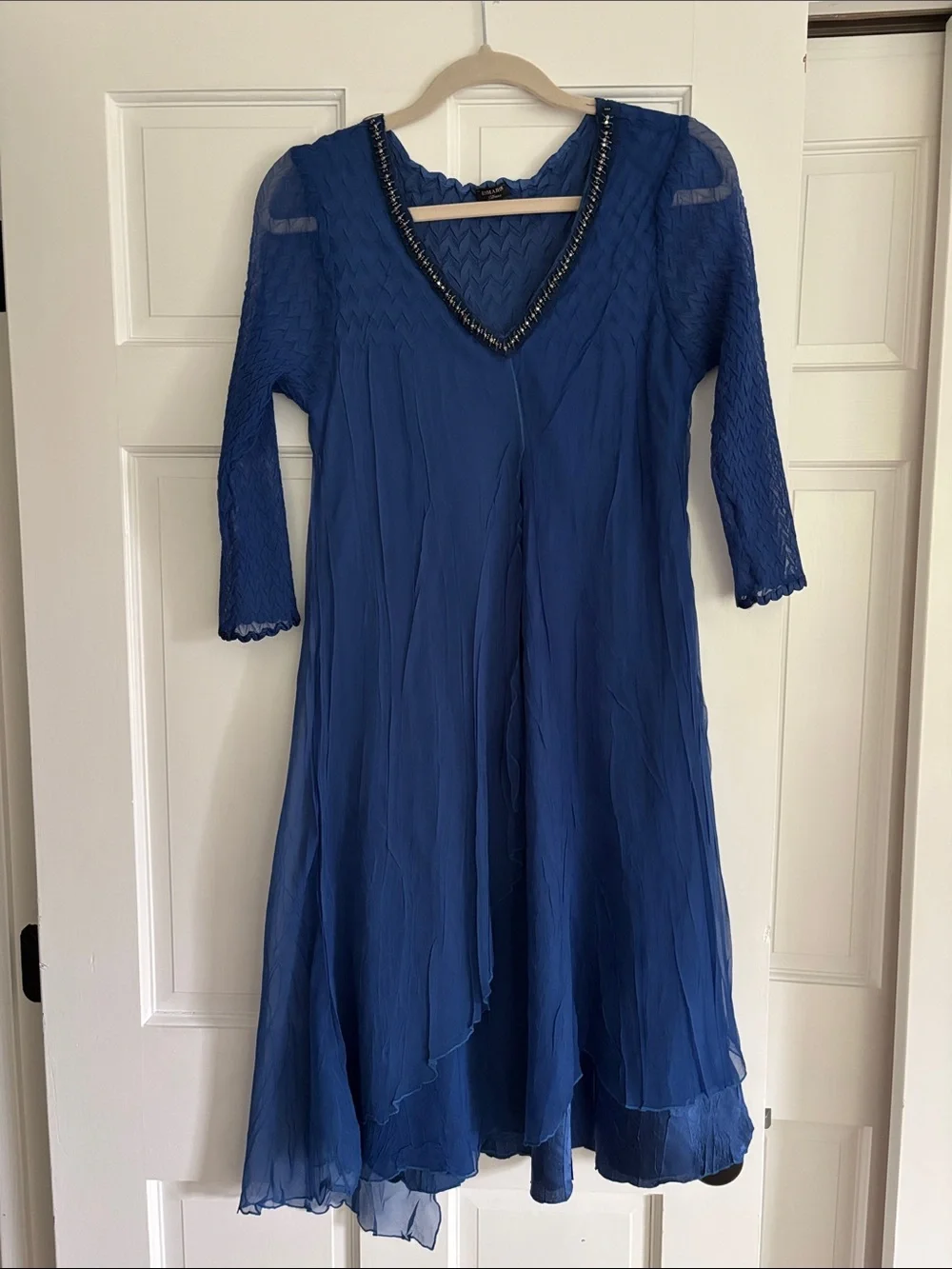 Komarov V-Neck Midi Dress with Beaded Trim & Matching Lace Detail Cardigan